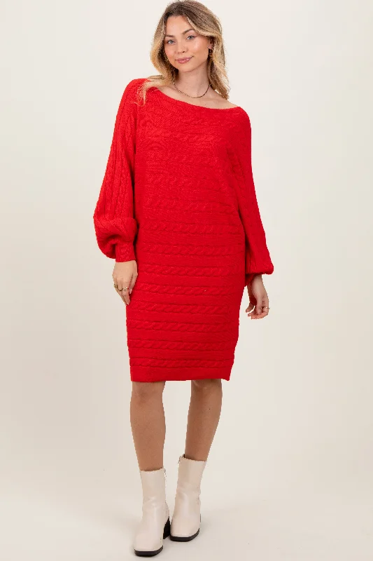 Mini dress with bishop sleeves-Red Cable Knit Dolman Sleeve Sweater Mini Dress