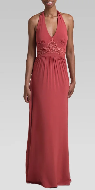 Maxi dress with shimmer effect-Soutache Embroidery Halter Maxi Dress - Dk. Rust