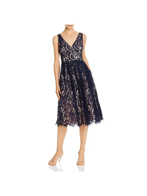 Soft knit midi dress-Womens Floral Lace Cocktail Midi Dress