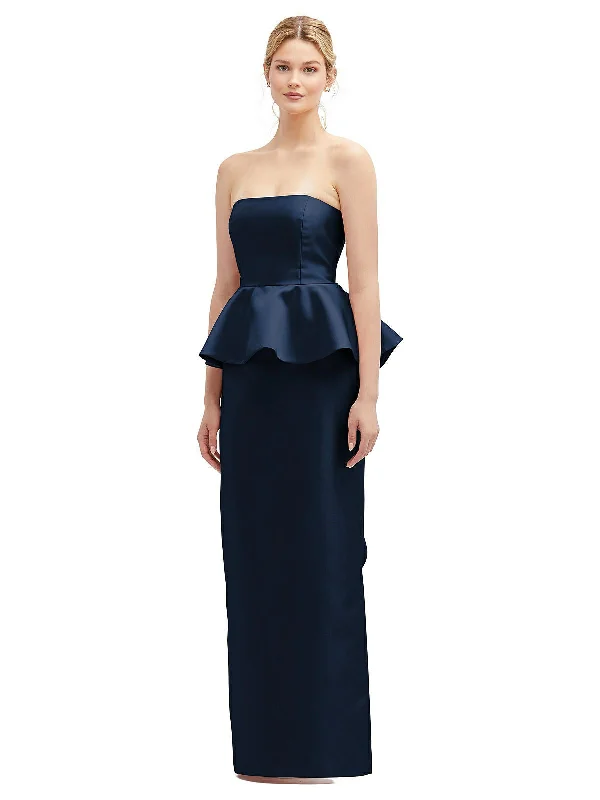 Maxi dress with flutter sleeves-Strapless Satin Maxi Dress with Cascade Ruffle Peplum Detail