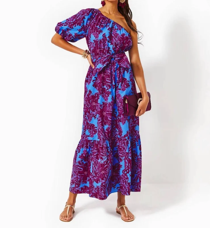 Pleated bodice maxi dress-Zelalynn One Shoulder Cotton Maxi Dress In Abaco Blue Feel Like A Shellebrity