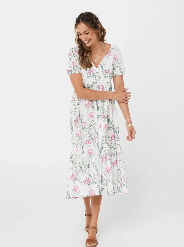 Mini dress with sailor collar-Woman Short Sleeves V neck Pink Floral Cotton Dress - Cecilia Dress