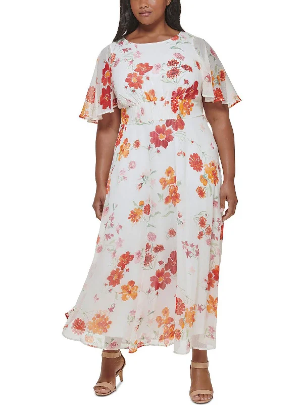 Maxi dress with handkerchief hem-Plus Womens Smocked Long Maxi Dress