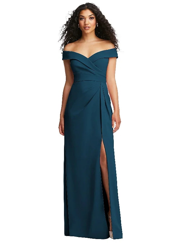 Maxi dress with high split-Cuffed Off-the-Shoulder Pleated Faux Wrap Maxi Dress