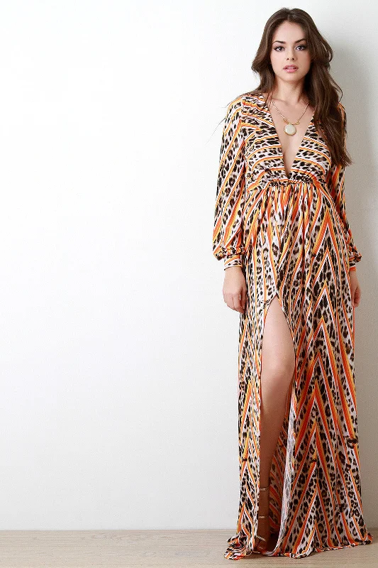 Maxi dress with abstract print-Leopard Zigzag Plunging V Longsleeve Maxi Dress