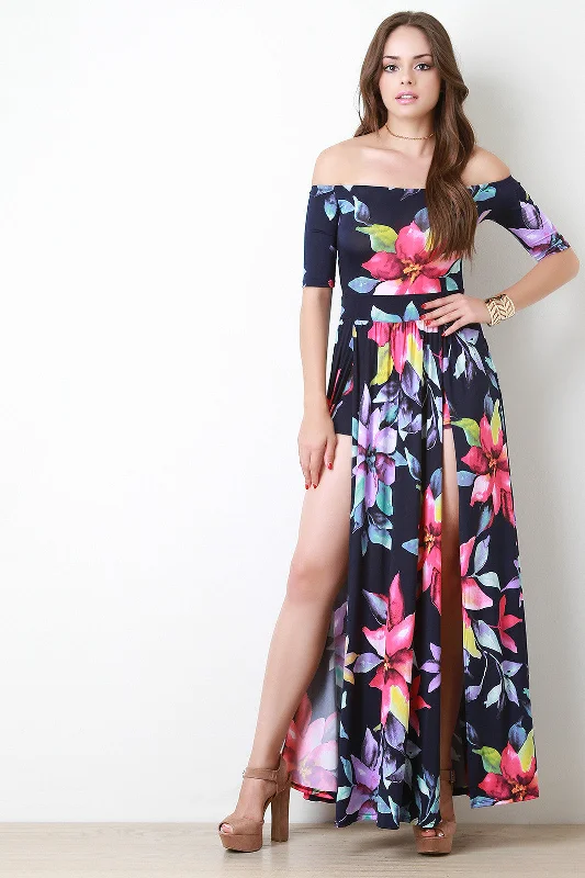 Maxi dress with voluminous skirt-Floral Pattern High Vent Slit Bardot Maxi Dress