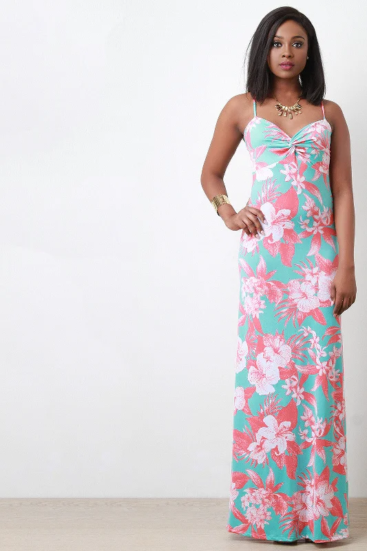 Pleated bodice maxi dress-Knotted Floral Print Maxi Dress