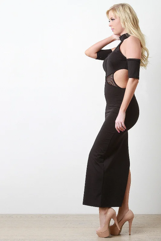 Maxi dress with knot front-Fishnet Panel Cut Out Maxi Dress