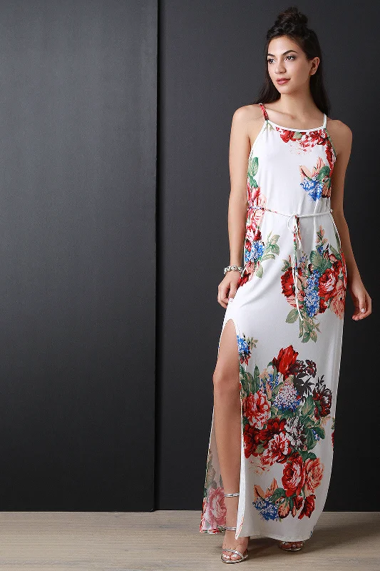 Trendy maxi dress-Floral Print Deep Slit Sleeveless Waist-Tie Maxi Dress