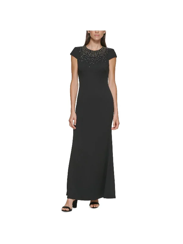 V-neck maxi dress-Womens Embellished Maxi Evening Dress