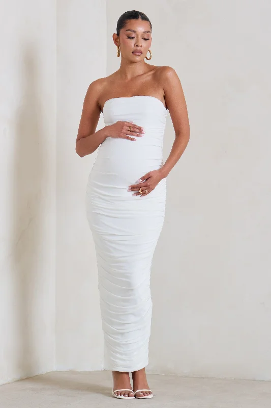 Elegant maxi dress with lace-My Lady | Maternity White Strapless Bodycon Ruched Mesh Maxi Dress