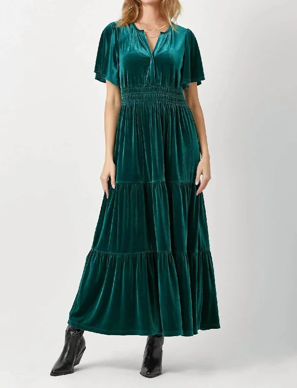 Maxi dress with intricate embroidery-Ruffled Velvet Maxi Dress In Emerald