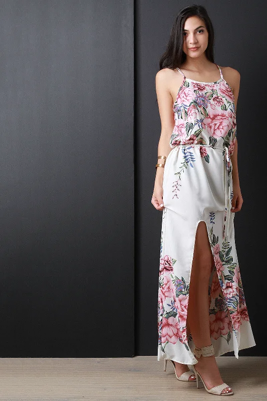 V-neck maxi dress-Floral Print High Slit Sleeveless Waist-Tie Maxi Dress