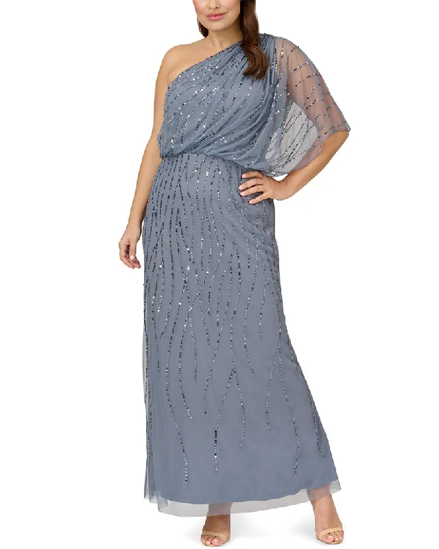 Maxi dress with backless design-Adrianna Papell Long One Shoulder Beaded Dress