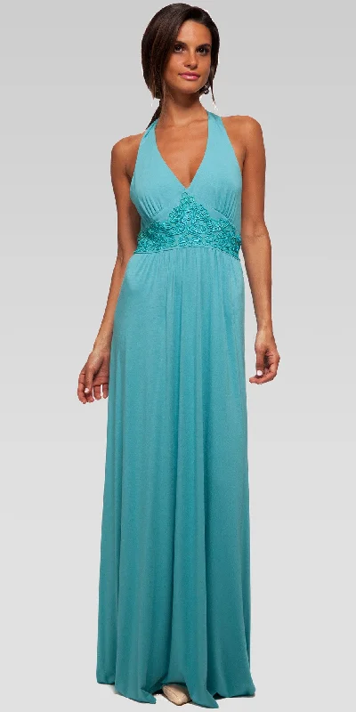 Maxi dress with shirred bodice-Soutache Embroidery Halter Maxi Dress - Aqua