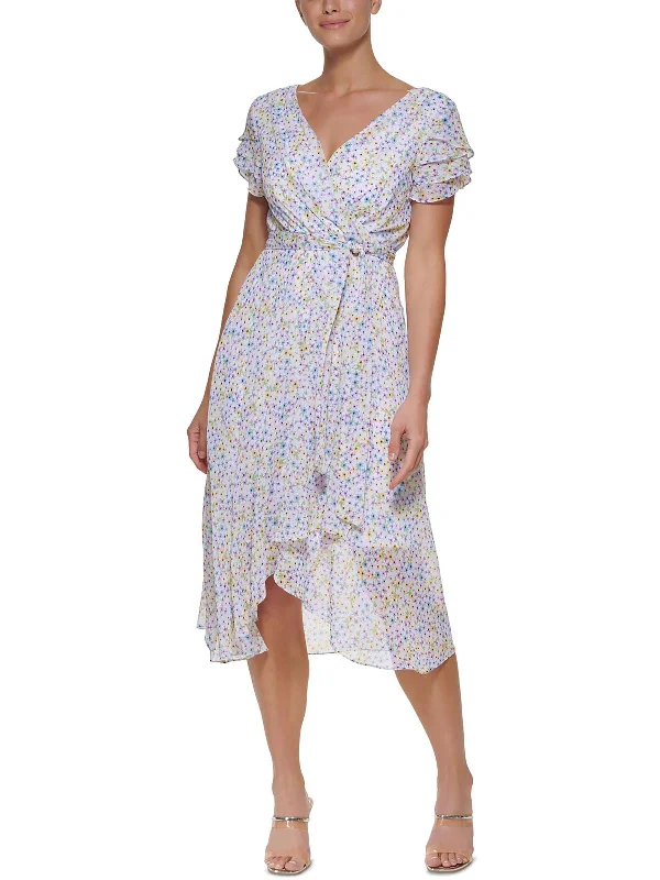 Sophisticated business casual midi dress-Womens Floral Print Midi Wrap Dress