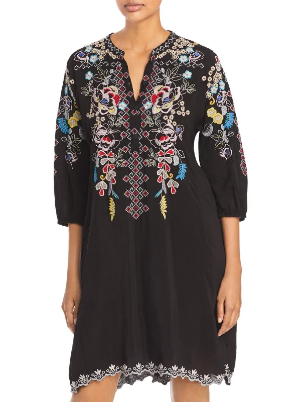 Midi dress with balloon sleeves-Nola Womens Embroidered Knee Midi Dress