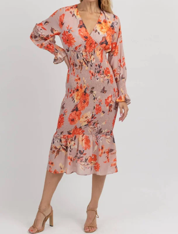 Maxi dress with empire waist-Floral Puff Smock Maxi Dress In Coral