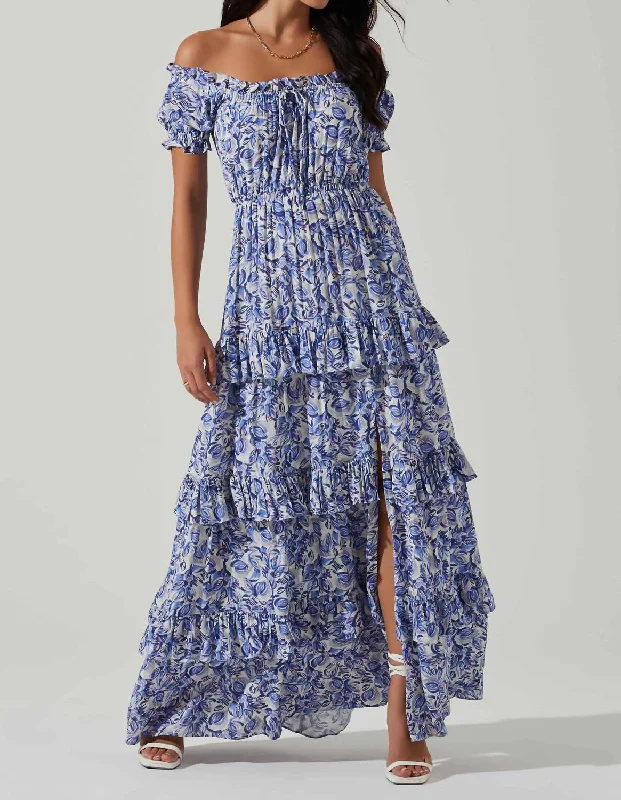 Maxi dress with flutter sleeves-Viona Floral Off Shoulder Tiered Maxi Dress In Blue White Multi