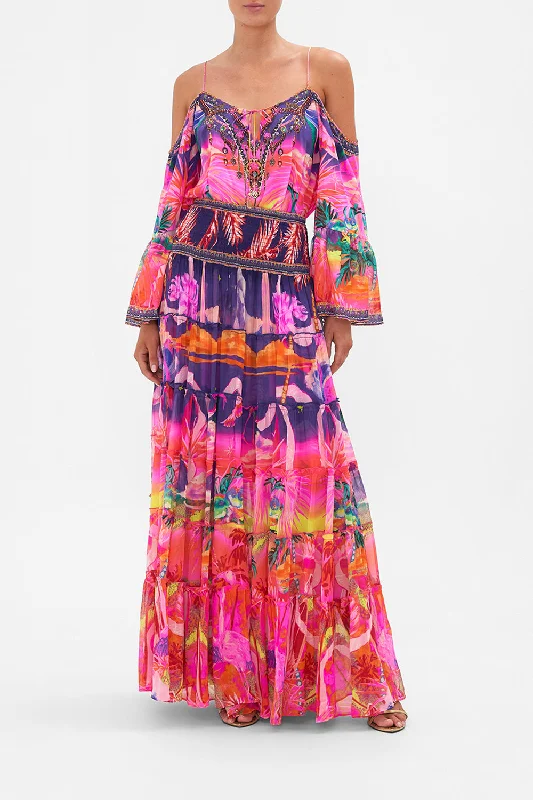 Maxi dress with intricate beading-SHEER TIERED MAXI SKIRT FLIGHT OF THE FLAMINGO