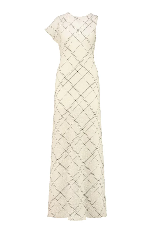 Maxi dress with intricate embroidery-LIATRIS IVORY PLAID WOOL SEERSUCKER A-SYMMETRIC MAXI DRESS