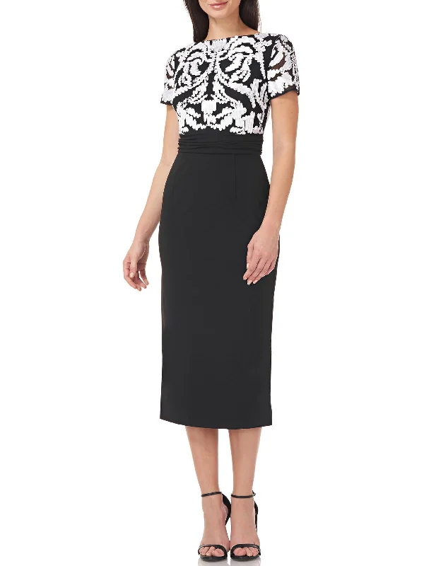 Midi dress with layered skirt-Womens Crepe Midi Cocktail and Party Dress