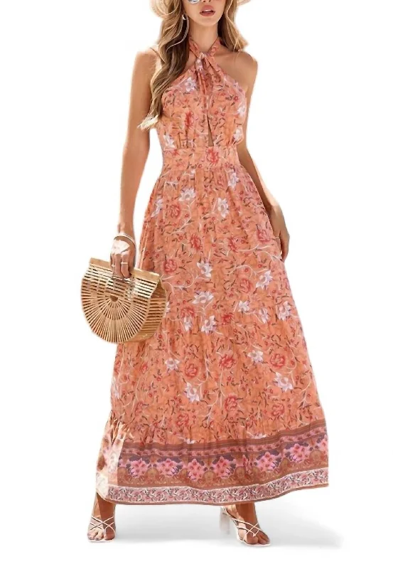 Maxi dress with bell cuffs-Floral Print Halter Tie Maxi Dress In Orange Floral