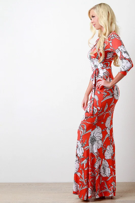 Maxi dress with ruched sides-Floral and Leaves Surplice Maxi Dress