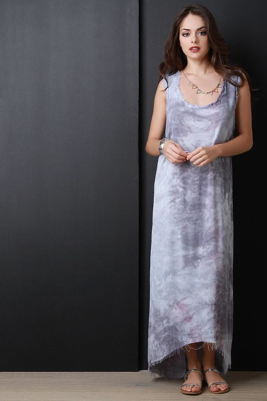 Maxi dress with cutouts-Frayed Edge Tie Dye High Low Hem Maxi Dress