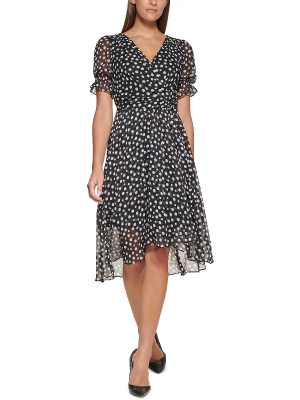 Midi dress with peplum detail-Adrianna Womens Polka Dot Chiffon Midi Dress