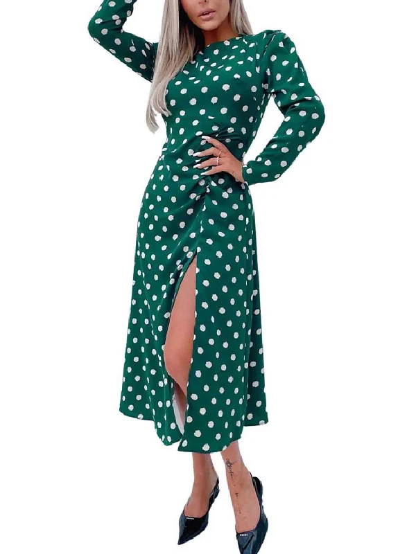 Evening wear midi dress-Womens Polka Dot Puff Sleeve Midi Dress