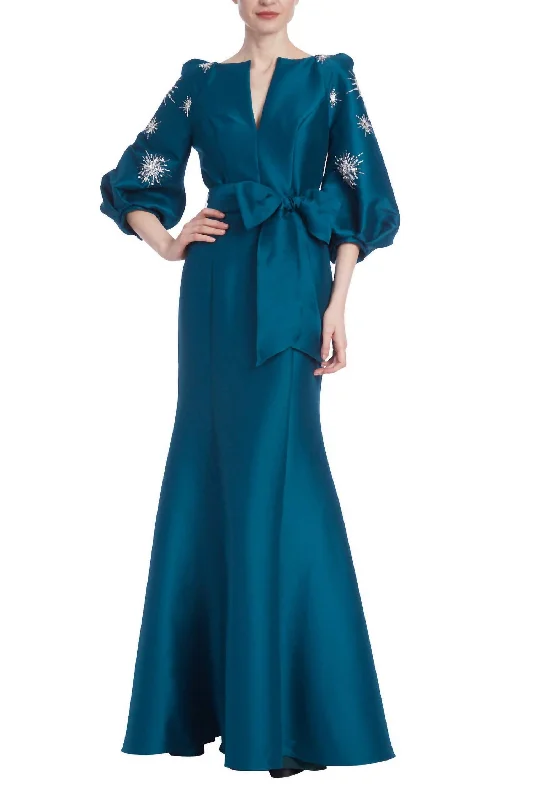 Maxi dress with crochet details-Mikado Shirt Maxi Dress In Teal