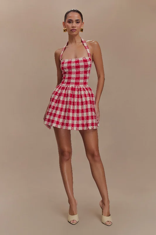 Tie-dye mini dress for casual look-Lindsay Halter Knit Mini Dress - Red Gingham