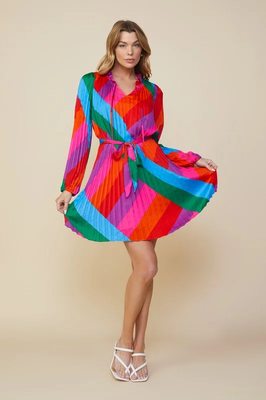 Mini dress with tie back-Rainbow Row Pleated Mini