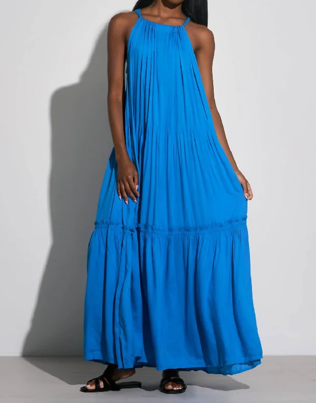 Maxi dress with ruffled neckline-Maxi Tiered Dress In Blue