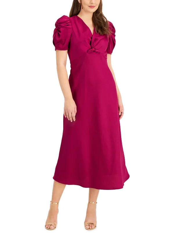 Midi dress with peplum detail-Womens Sateen Pufleeves Midi Dress