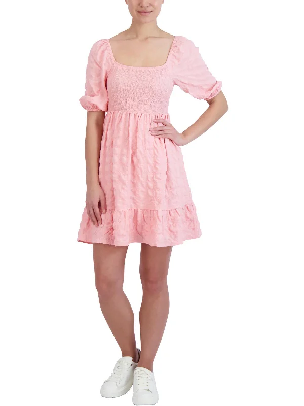 Mini dress with adjustable straps-Womens Puff Sleeve Short Mini Dress