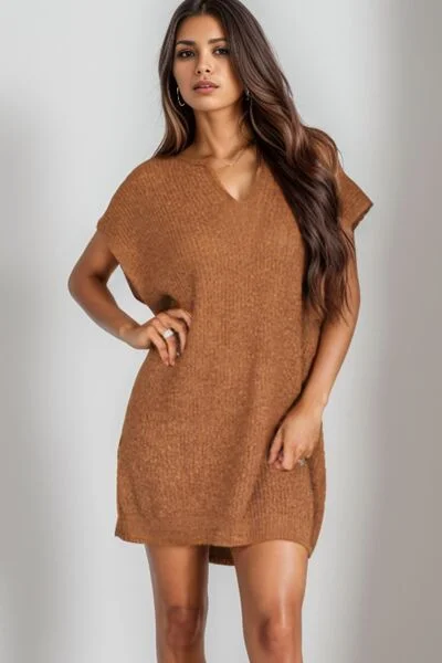 Satin mini dress for date night-Notched Cap Sleeve Mini Sweater Dress