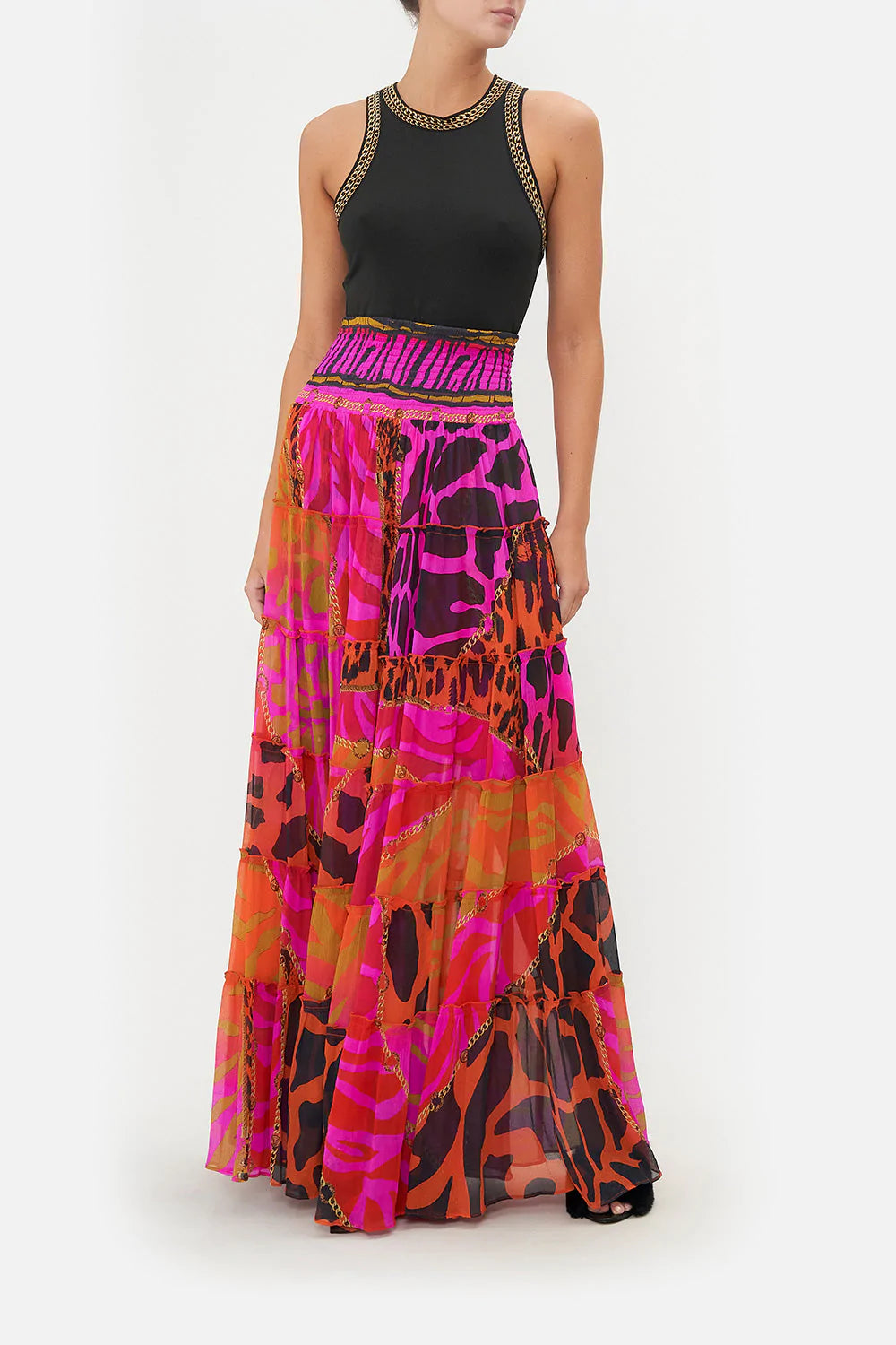 Maxi dress with sporty look-SHEER TIERED MAXI SKIRT ALWAYS CHANGE YOUR SPOTS