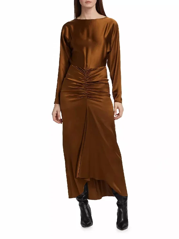 Maxi dress with cascading ruffles-Sabri Stretch Silk Maxi Dress In Dark Ochre