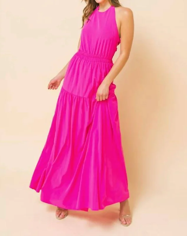 High neckline maxi dress-The Paulina Halter Top Maxi Dress In Neon Pink