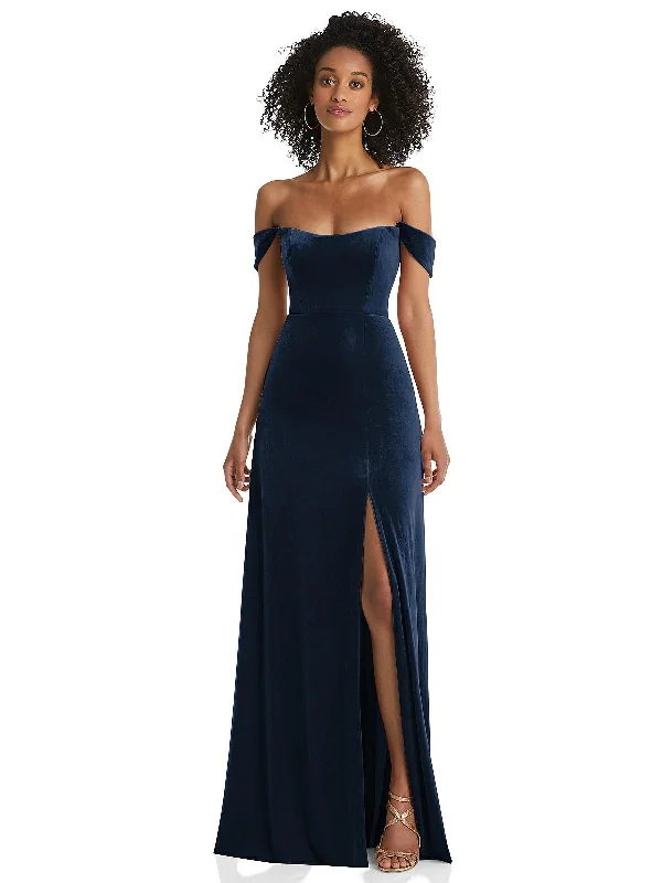 Maxi dress with geometric patterns-Off-the-Shoulder Flounce Sleeve Velvet Maxi Dress