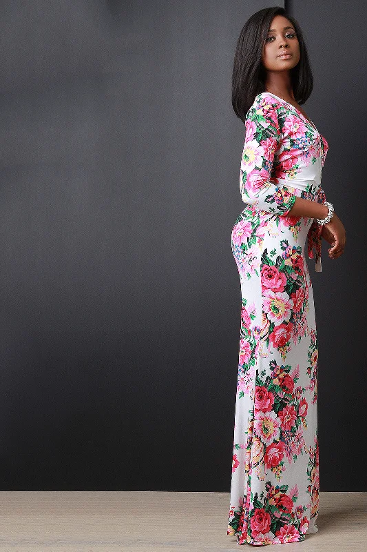 High neckline maxi dress-Floral Print Surplice Maxi Dress