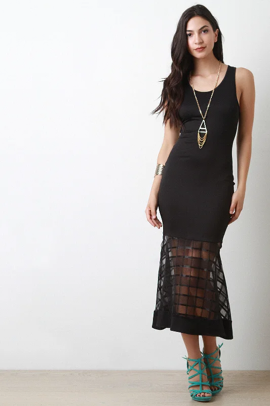 Maxi dress with flutter sleeves-Grid Mesh Peplum Maxi Dress