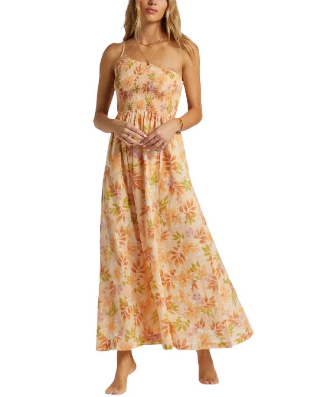 Maxi dress with leaf print-Warmer Days One Shoulder Maxi Dress In Peach Whip