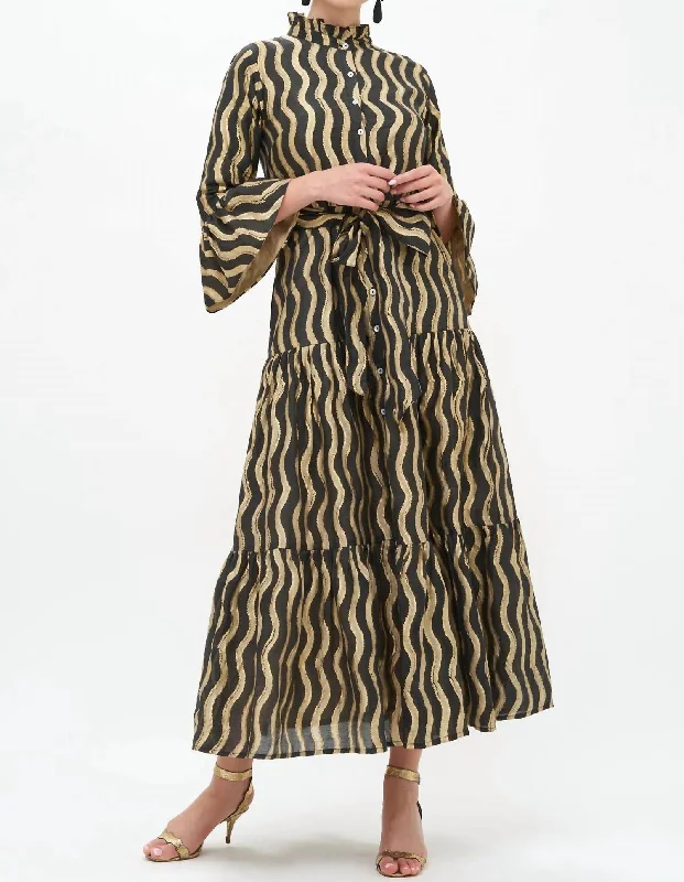 Maxi dress with statement sleeves-Ruffle Collar Bell Maxi Dress In Black/ankara