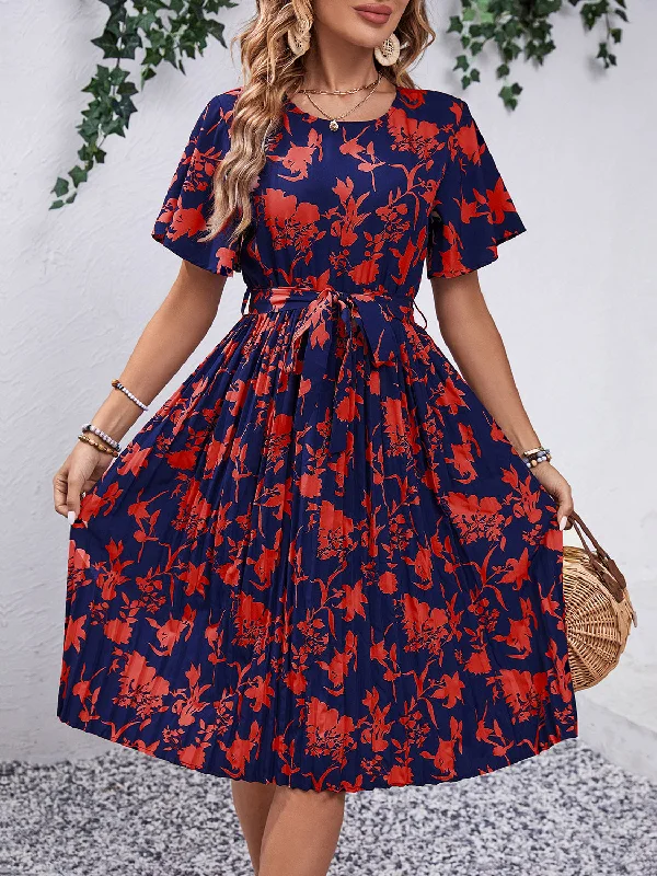 Mini dress with bubble hem-Printed Round Neck Short Sleeve Dress