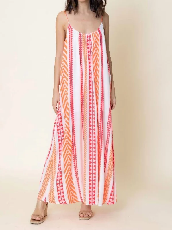 Maxi dress with side drawstring-Embroidered Striped Cami Maxi Dress In White/ Pink/ Orange