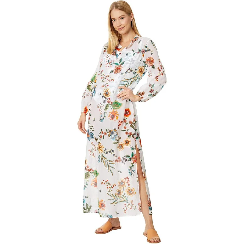 Maxi dress with floral print-Johnny Was Women's Puff Sleeve Maxi Dress Multi White Floral Print