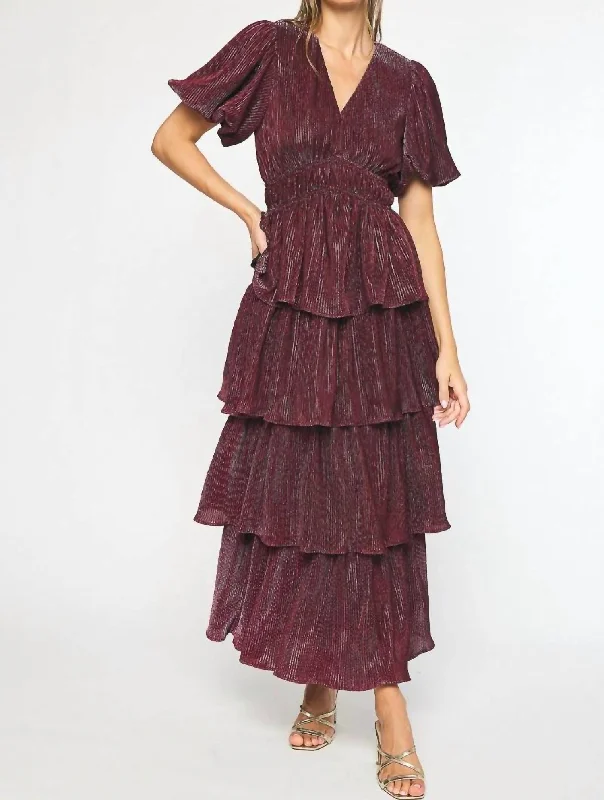 Maxi dress with bow accents-Puff Sleeve Maxi Dress In Metallic Sangria